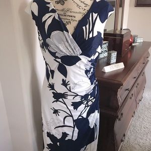 EUC Lauren Navy Blue & White Print Dress